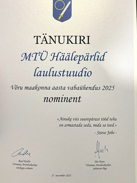 Tänukiri: Võru maakonna aasta vabaühendus 2025 nominent